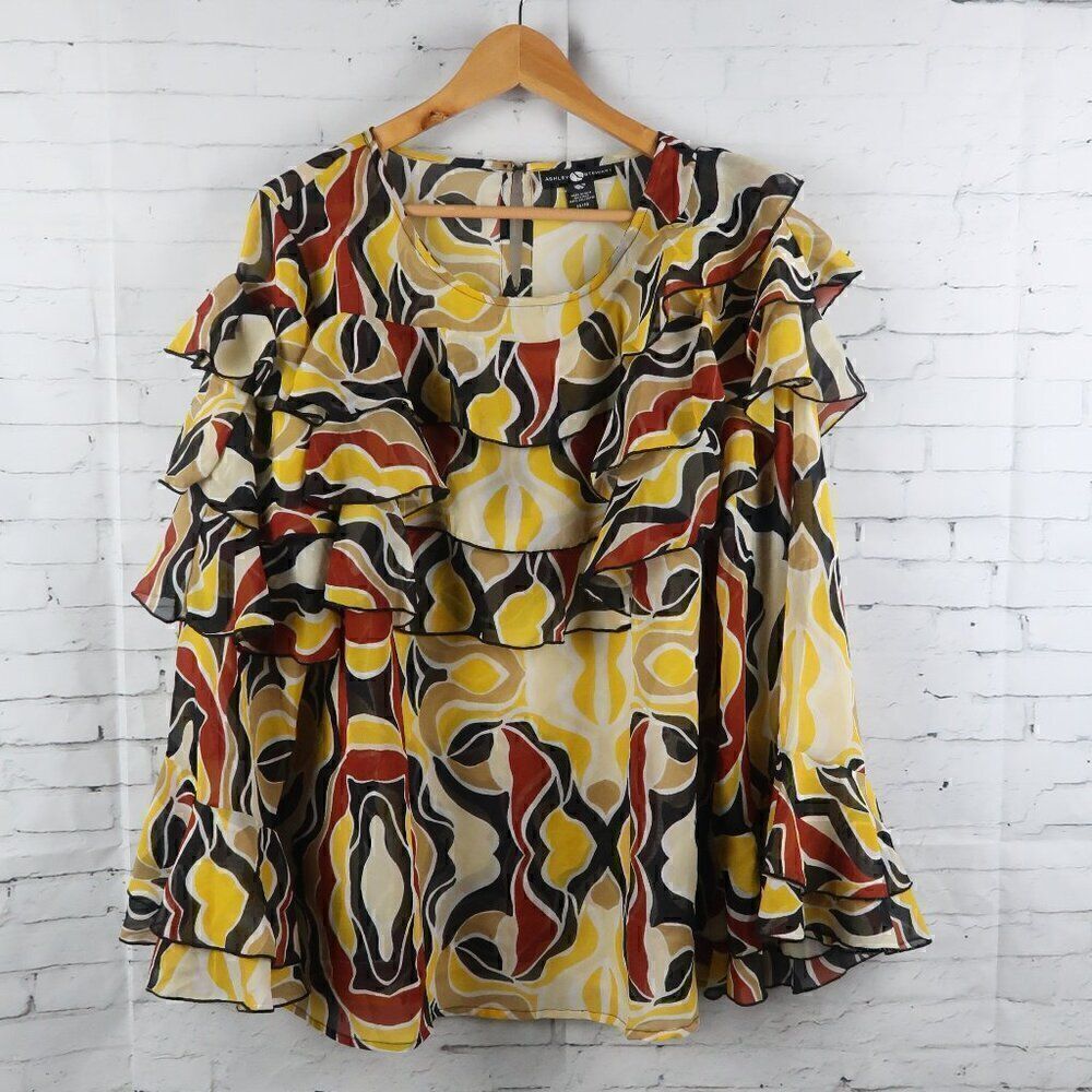 ASHLEY STEWART YELLOW BLACK WHITE BURGUNDY TOP WITH RUFFLE DETAIL SIZE 14/16
